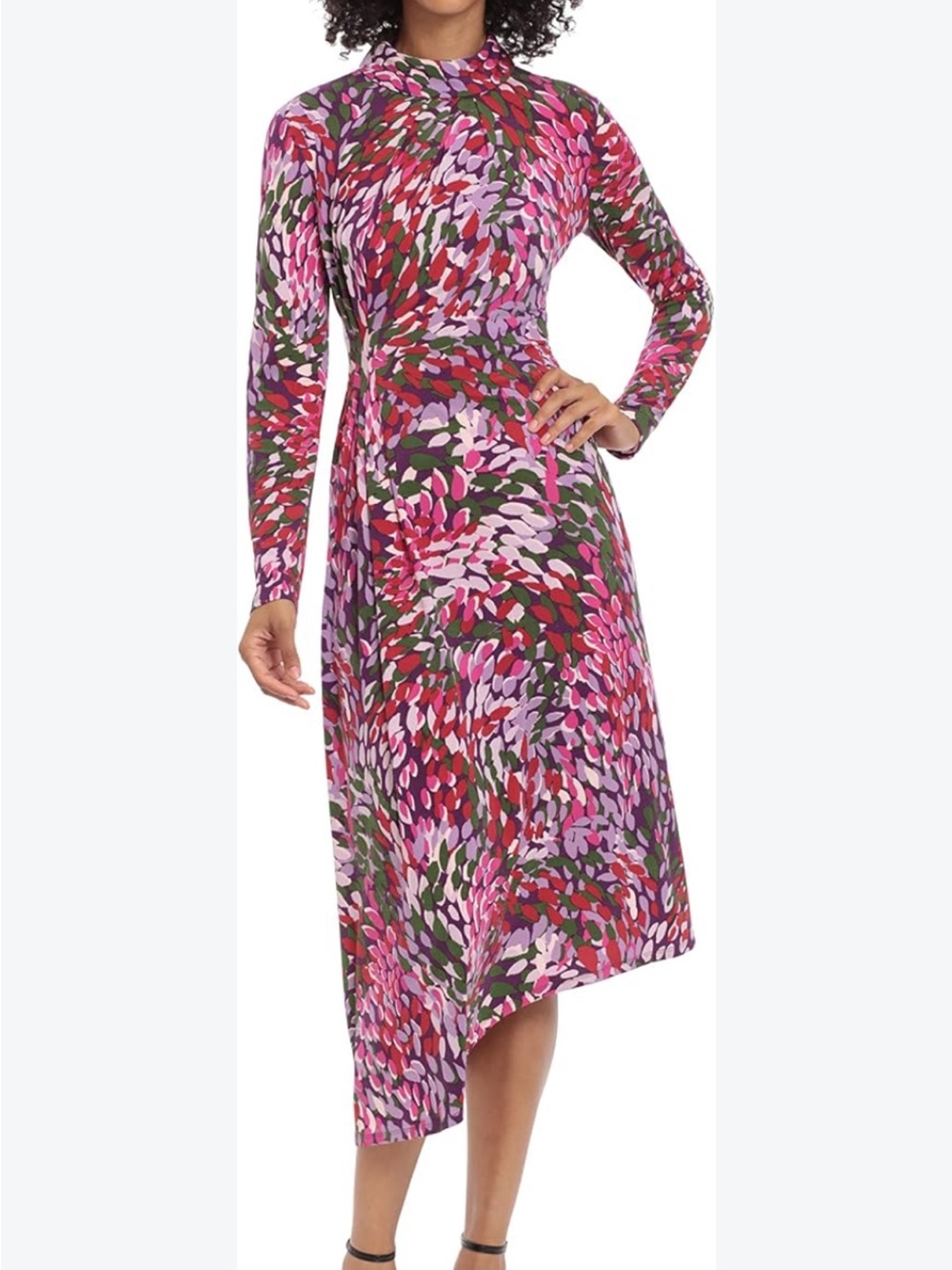 Maggy London Long-Sleeve Red and Pink Printed Midi Dress